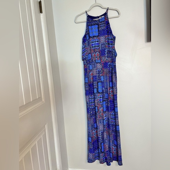 KUT FROM THE KLOTH GRETA JUMPSUIT SZ 6 HALTER TOP PLEATED SIDE POCKETS BLUE RED - Picture 2 of 13
